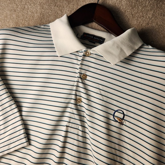 Peter Millar Other - Peter Millar Quail Hollow Summer Comfort Men Striped Polo White Navy Short Sleev